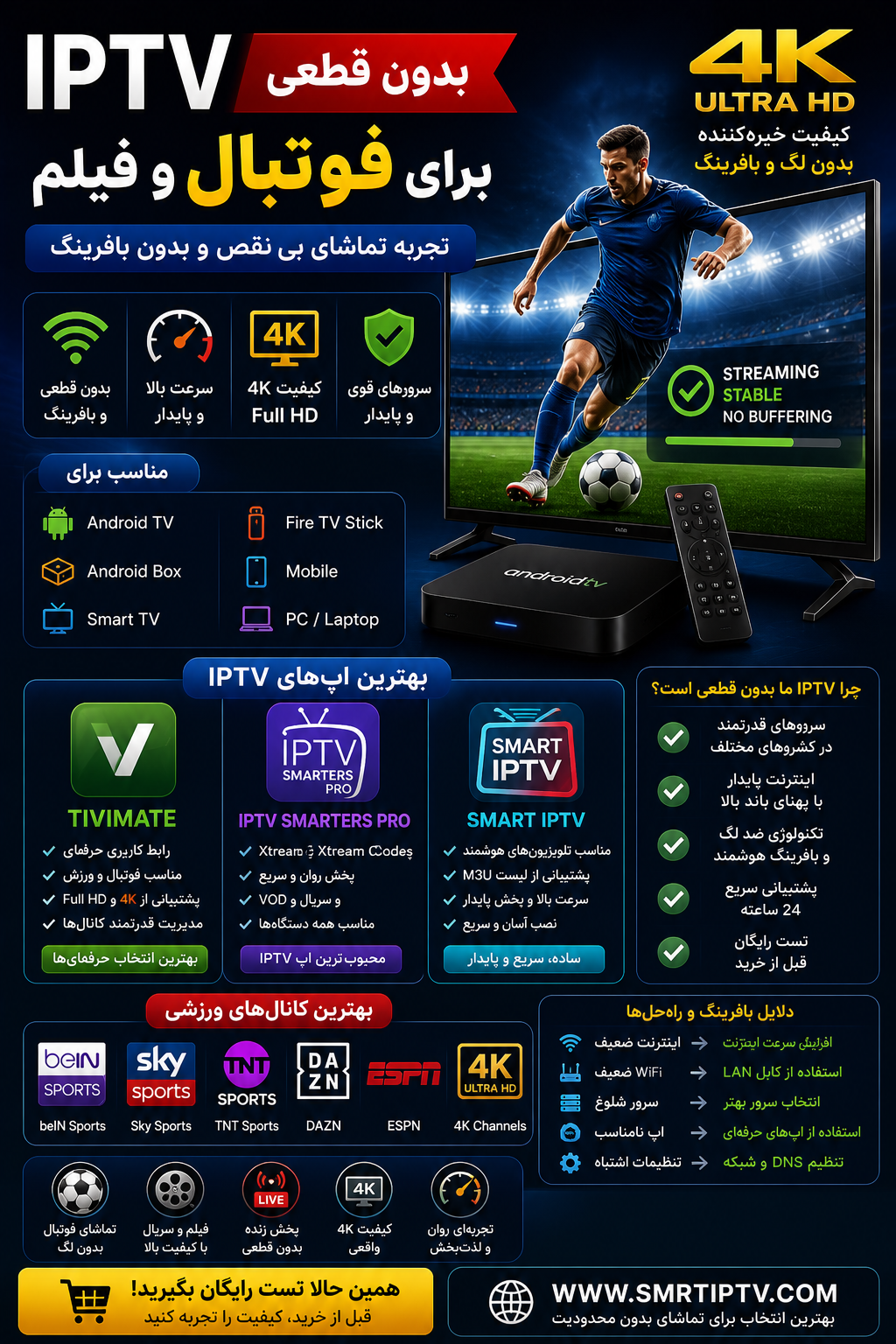 iptv without buffering برای فوتبال و کانال های 4K بدون لگ
