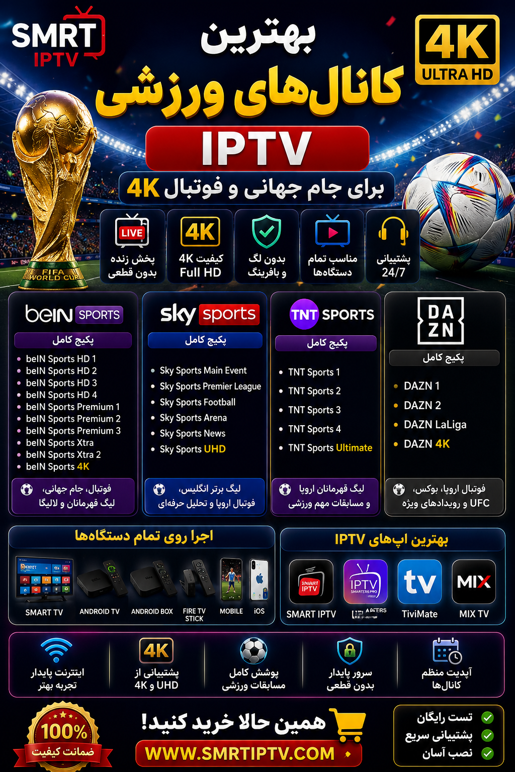 smrt iptv sports channels برای تماشای فوتبال و جام جهانی با کانال های ورزشی 4K